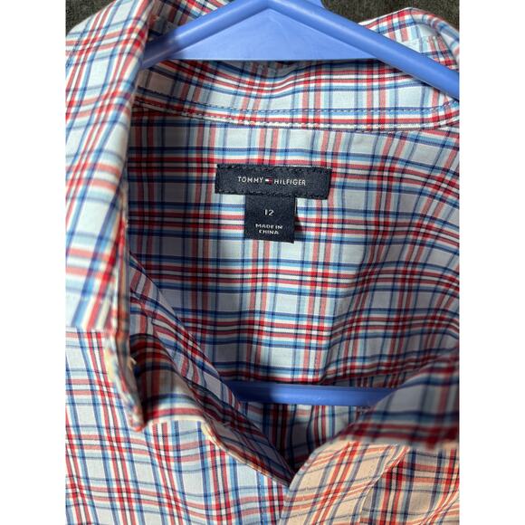 Boys Tommy Hilfiger Red Plaid Long Sleeve Button Down Shirt 12 - Picture 2 of 5